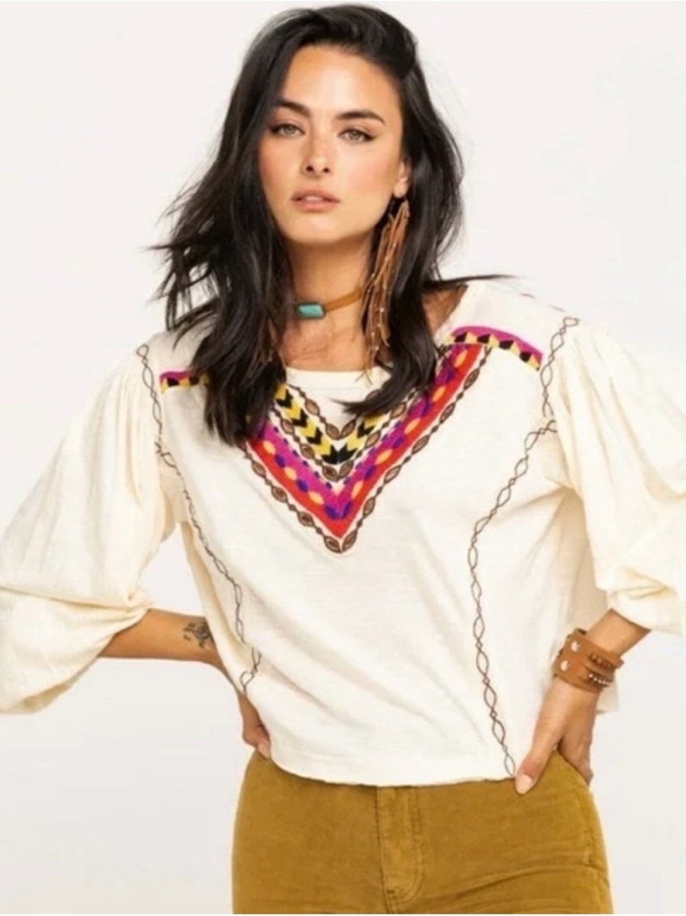NWT Free People Hand Me Down Ivory Top with Multicolor Embroidery